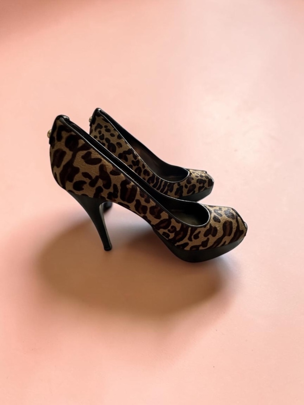 Stuart Weitzman Calf Hair Leopard Peep Toe Heels